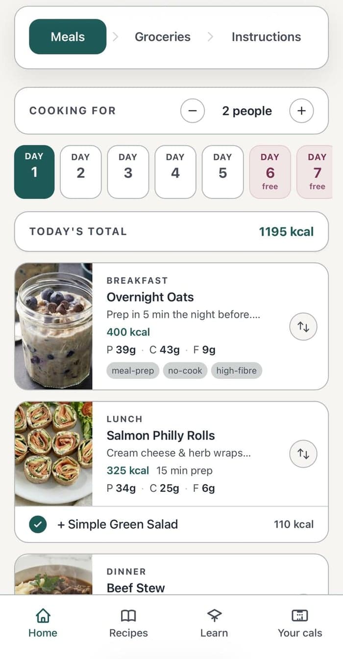 The app's Meals tab, showing a day's breakfast, lunch and dinner already planned out